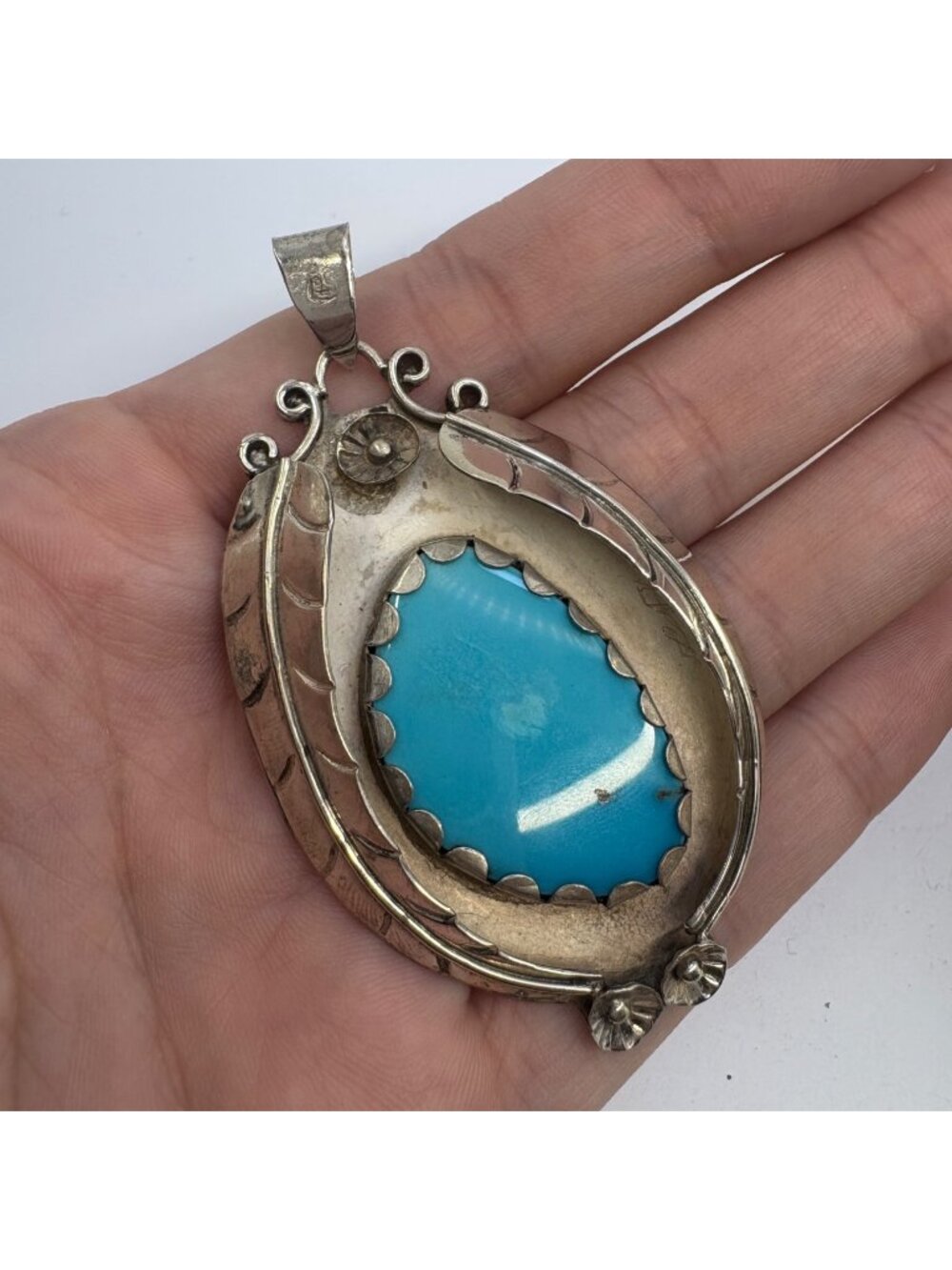 Turquoise Shadow Box Feather Native Southwestern Pendant 925 Sterling Silver 3"